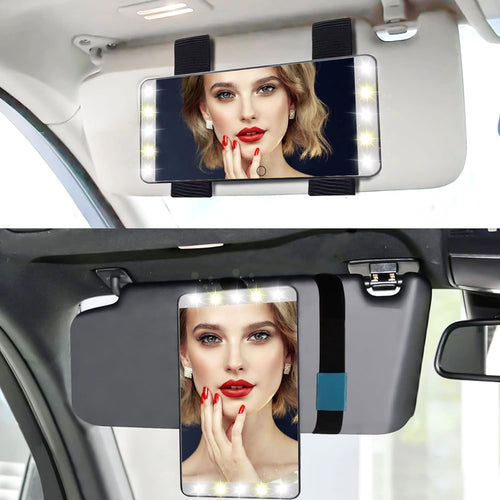 Car Visor Vanity Mirror with Lights, 90° Rotating Lighted Makeup Mirror 3 Color LED Light Modes Sun Visor Mirror Dimmable Travel Cosmetic Sunshade Mirror Small Compact Rechargeable Mirror, Black